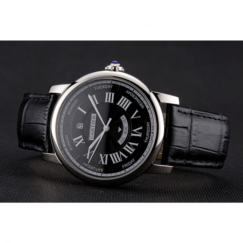 SS Replica Watches Swiss Cartier Rotonde Annual Calendar Black Dial Stainless Steel Case Black Leather Strap-3