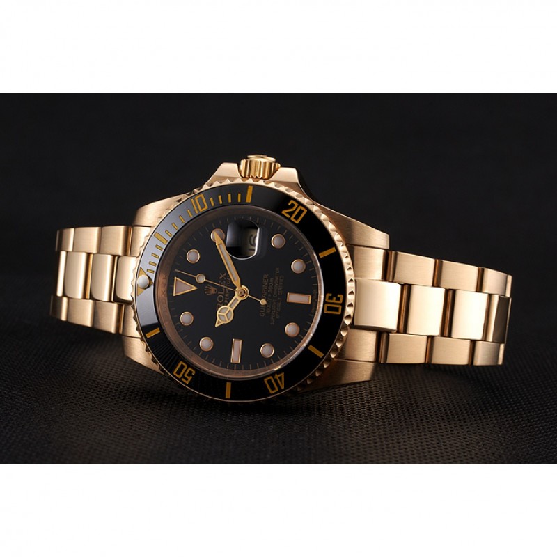 Swiss Rolex Submariner Black Dial Black Bezel Yellow Gold Case And Bracelet-3