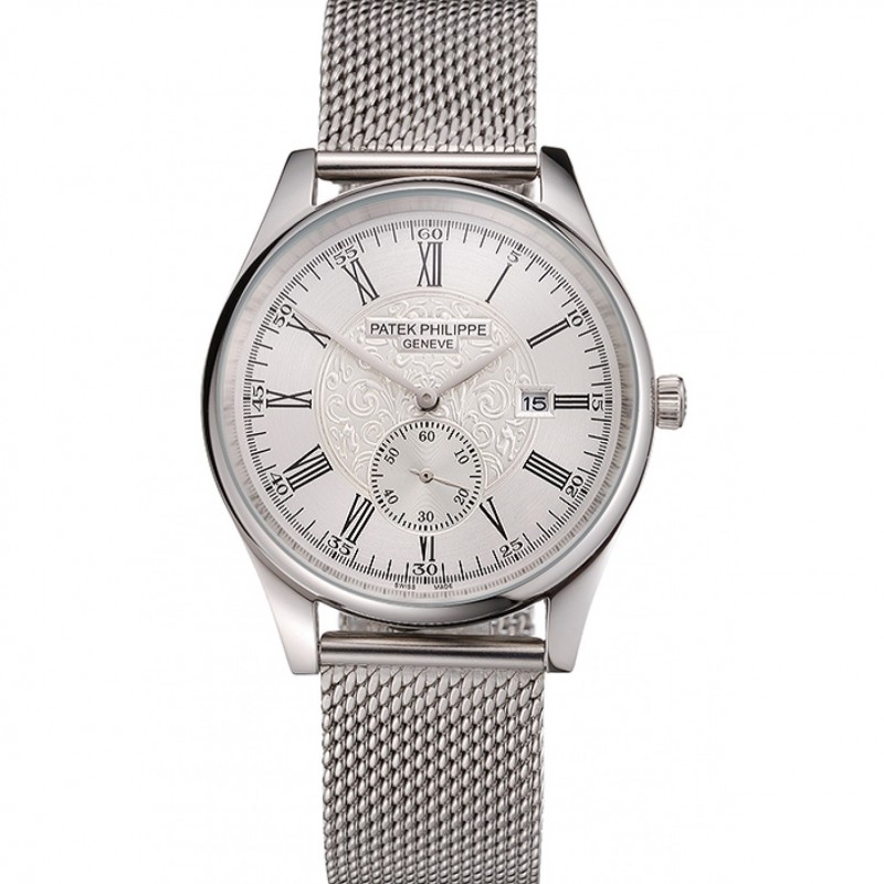 Luxury Replica Watches Patek Philippe Calatrava Small Seconds Silver Engraved Dial Stainless Steel Case And Bracelet-0