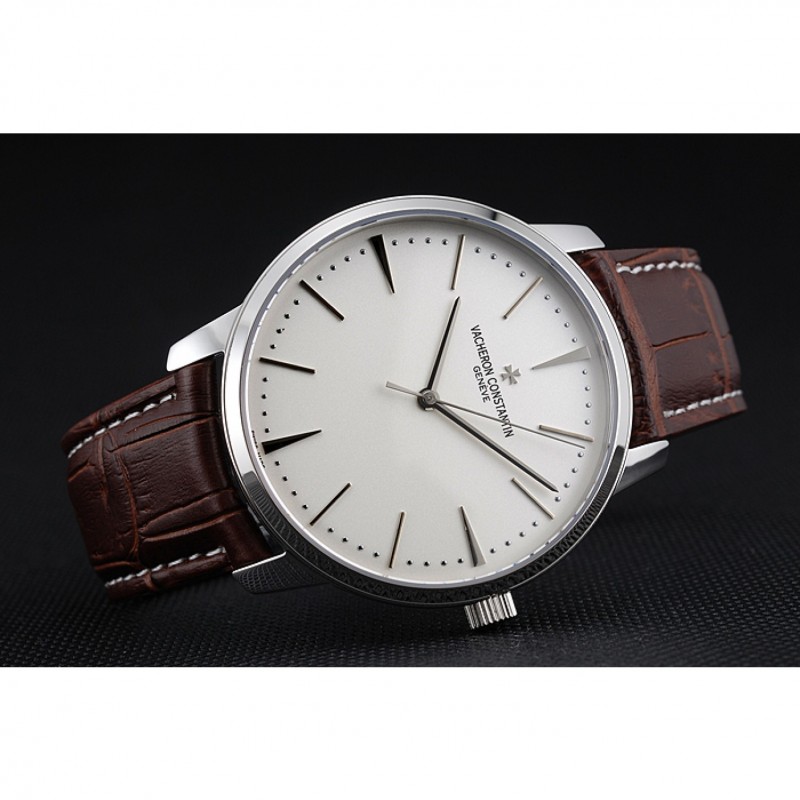 Swiss Vacheron Constantin Patrimony White Dial Silver Case Brown Leather Bracelet 1454158-4