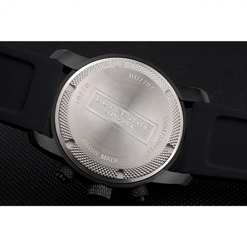 SS Replica Watches Round Burberry Sport Athlete Chronograph Black Case Triple-eye Black Rubber Bracelet 622619-7