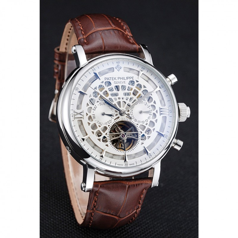 Patek Philippe Grand Complications Annual Calendar White Dial Silver Case Brown Leather Bracelet 1454233-2