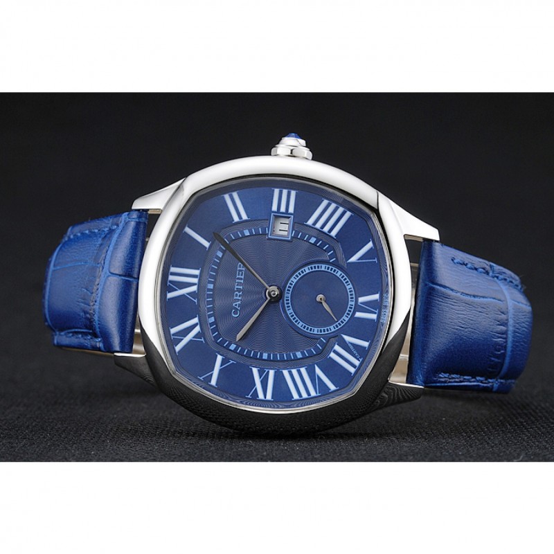 High End Cartier Drive De Cartier Blue Dial Silver Case Blue Leather Bracelet 1454211-3
