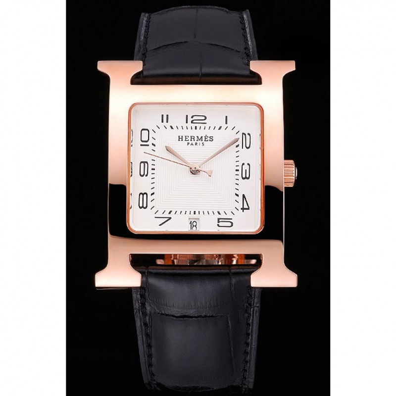 Hermes Heure H White Dial Gold Case Black Leather Strap-1