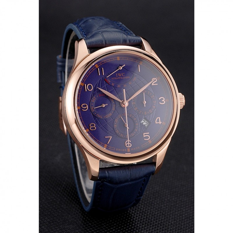 Cheap Replica Watches Swiss IWC Portugieser Power Reserve Blue Dial Rose Gold Case Blue Leather Strap-2
