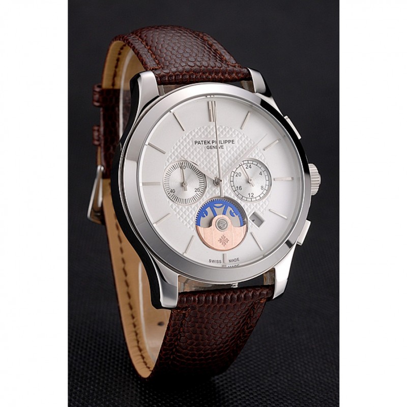 Patek Philippe Chronograph White Dial Stainless Steel Case Brown Leather Strap-2