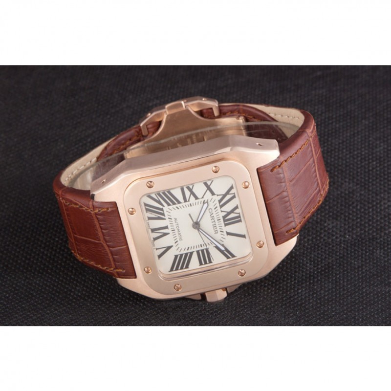 Swiss Cartier Santos Rose Gold with Brown Leather Strap 621522-3