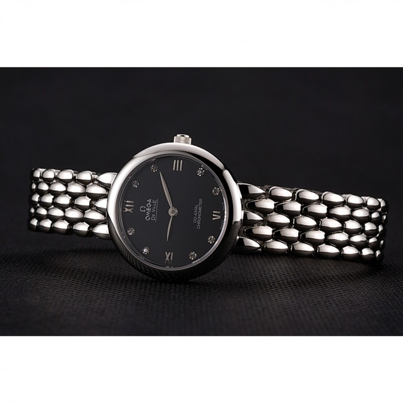 SS Replica Watches Omega De Ville Prestige No Date Dark Grey Dial With Diamonds Stainless Steel Case And Bracelet-4