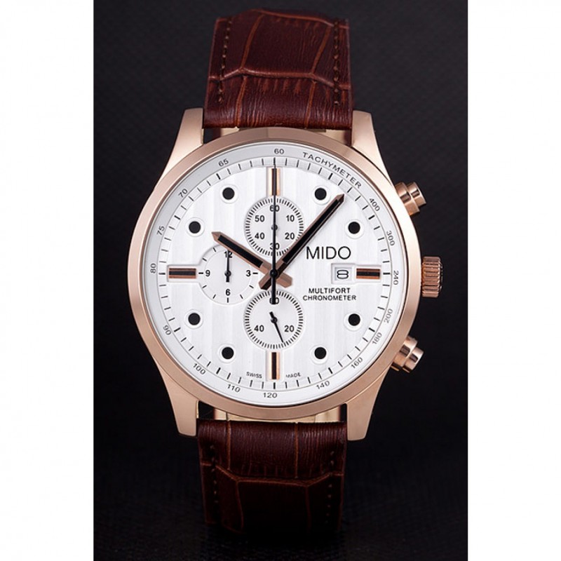 Mido Multifort Brown Croco Leather Strap White Dial 80287-1