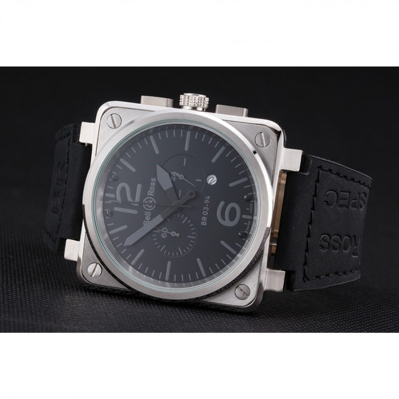 Cheap Bell and Ross BR 03-94 Black Dial Silver Case Black Leather Strap-3