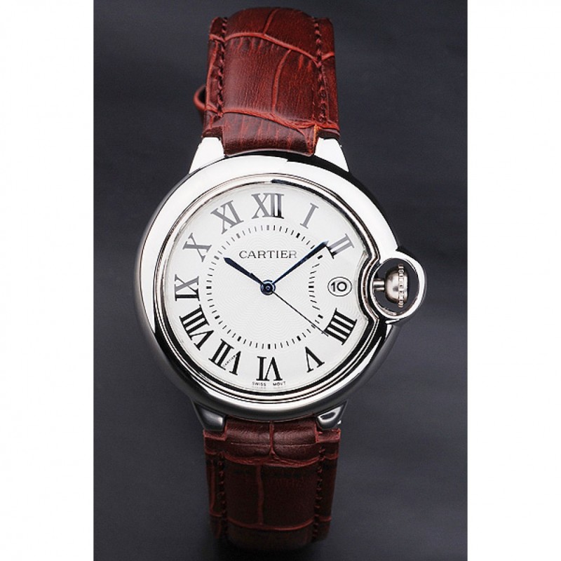 SS Replica Watches Cartier Ballon Bleu 42mm White Dial Stainless Steel Case Brown Leather Bracelet-1
