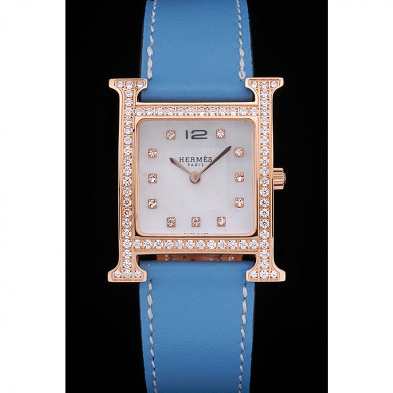 Hermes Heure H Rose Gold Diamond Encrusted Bezel Blue Leather Strap White Dial 80238-1