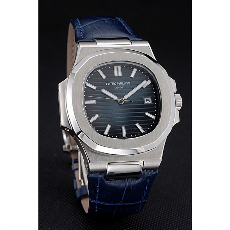Patek Philippe Nautilus Blue Dial Brushed Stainless Steel Case Blue Leather Strap-2