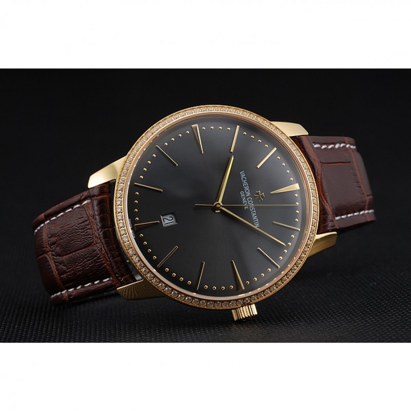 Swiss Vacheron Constantin Patrimony Grey Dial Gold Diamonds Case Brown Leather Bracelet 1454182-4