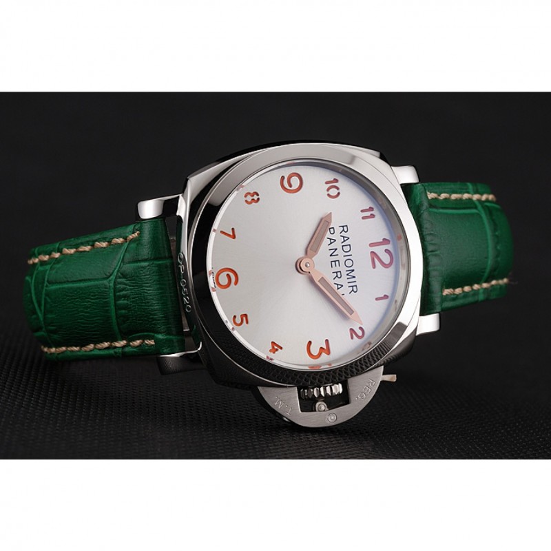 Panerai Radiomir White Dial Stainless Steel Case Green Leather Strap 1453804-3
