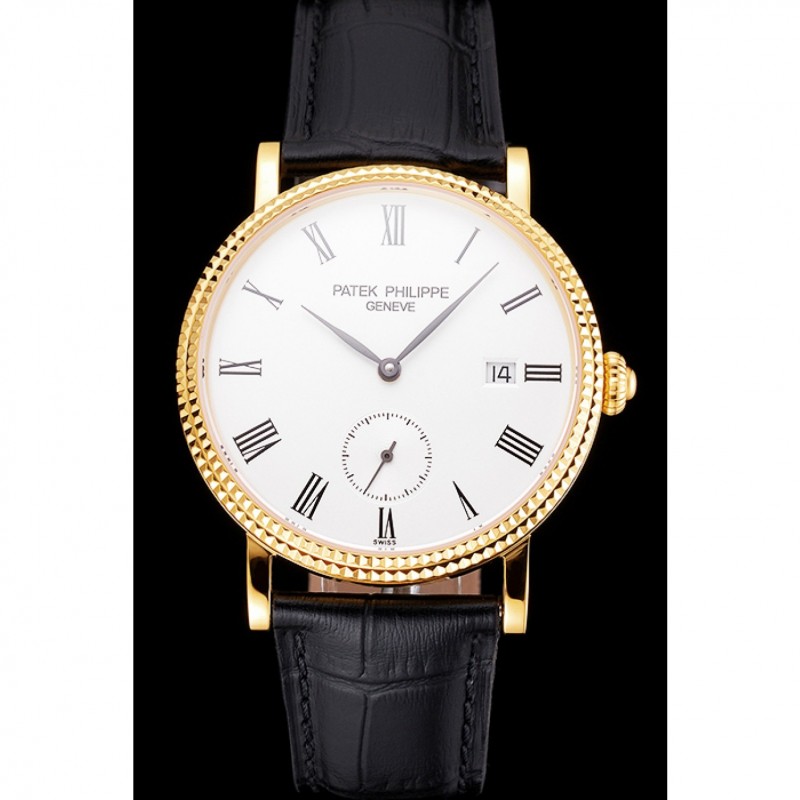 Swiss Patek Philippe Calatrava White Dial Gold Case Fluted Bezel Black Leather Strap-1