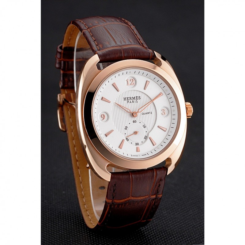Hermes Dressage White Dial Rose Gold Case Brown Leather Strap-2