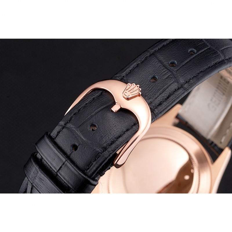 Swiss Rolex Cellini Black Dial Rose Gold Case Black Leather Strap-5