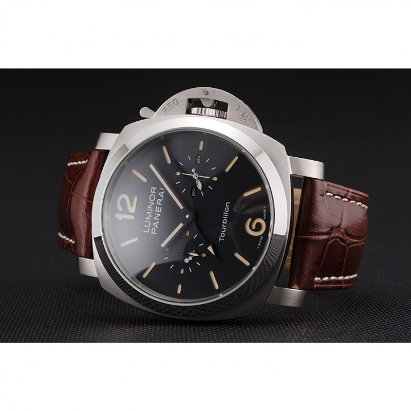 SS Replica Watches Panerai Luminor 1950 Tourbillon GMT Black Dial Stainless Steel Case Brown Leather Strap-3