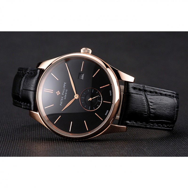 Patek Philippe Calatrava Date Black Dial Rose Gold Case Black Leather Strap-4