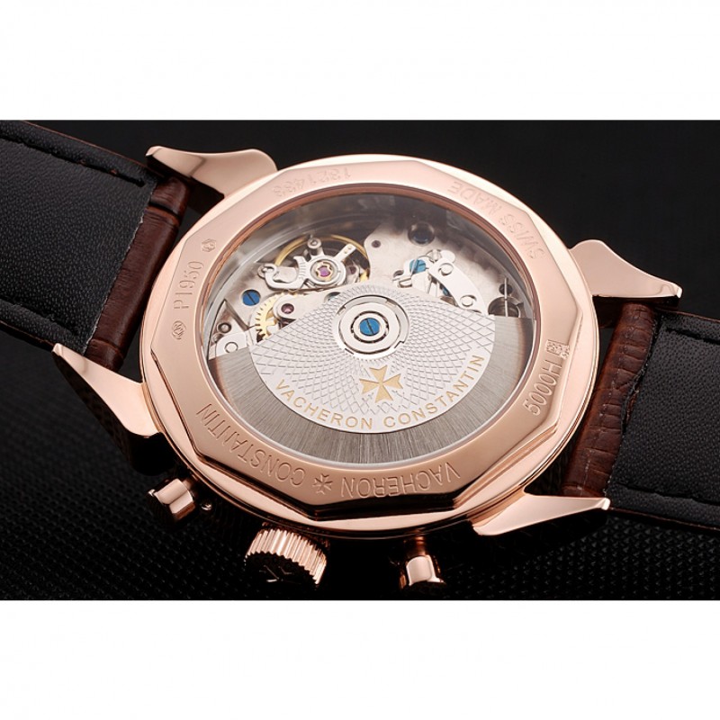 Swiss Vacheron Constantin Traditionnelle Chronograph Black Dial Gold Case Brown Leather Bracelet 1453995-6