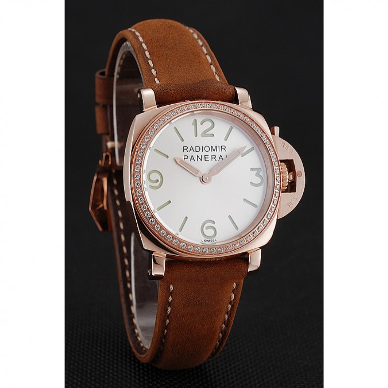AAA Panerai Radiomir White Dial Diamond Bezel Rose Gold Case Brown Suede Leather Strap 1453799-2