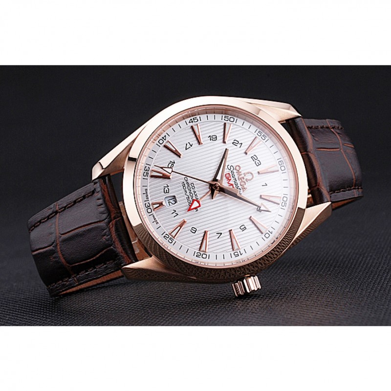 Cheap Omega Seamaster Planet Ocean GMT White Dial Rose Gold Case Brown Leather Band 622400-3