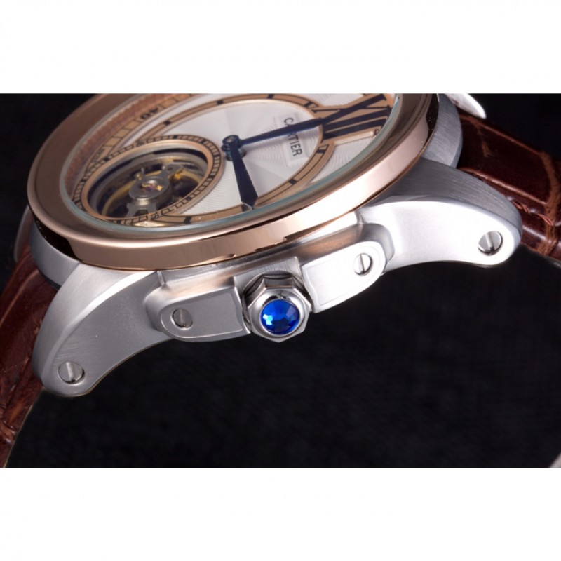 SS Replica Watches Cartier Calibre Flying Tourbillon White Dial Two Tone Case Brown Leather Bracelet-5