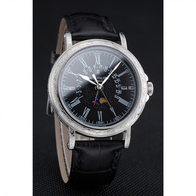Patek Philippe Perpetual Calendar Retrograde Date Black Dial Engraved Silver Case Black Leather Bracelet 1454146-2