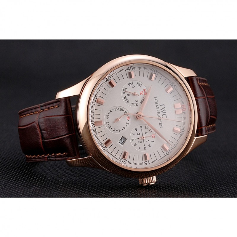 Swiss IWC Portugieser Perpetual Calendar White Dial Rose Gold Case Brown Leather Strap-4
