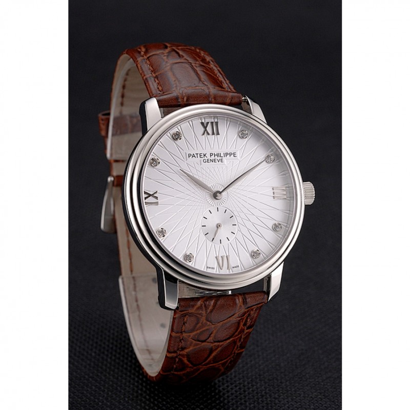 Cheap Patek Philippe Calatrava Date White Embossed Dial Stainless Steel Case Brown Leather Strap-2