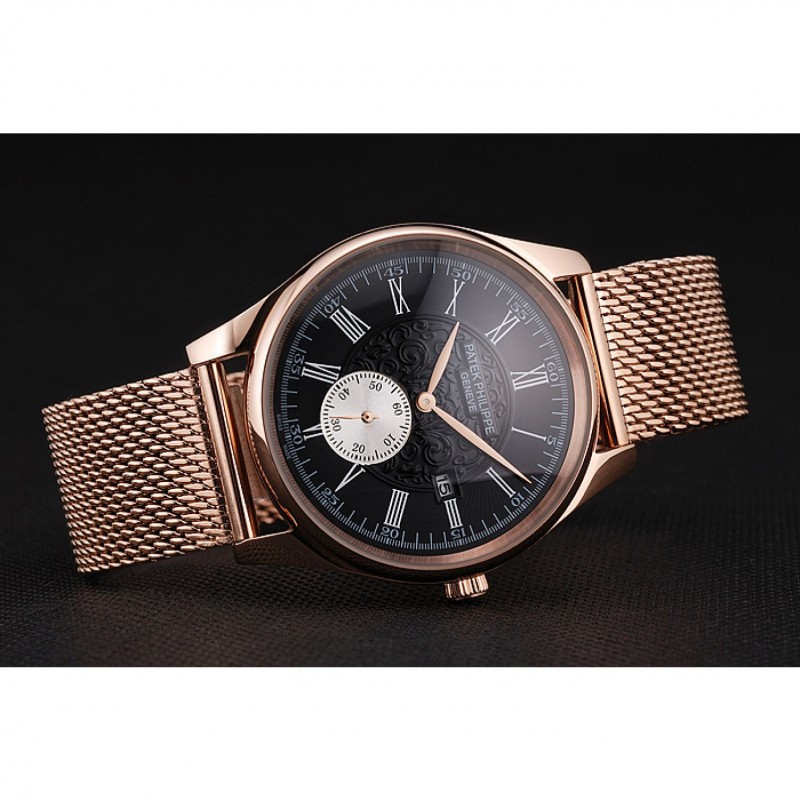AAA Patek Philippe Calatrava Small Seconds Black Engraved Dial Rose Gold Case And Bracelet-4