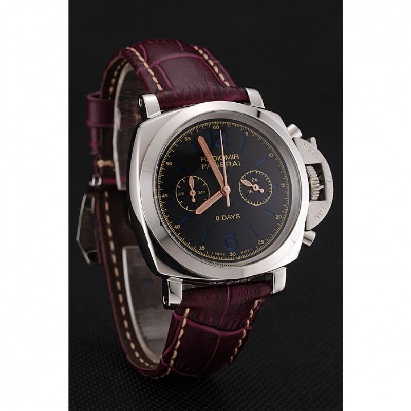 Panerai Radiomir 8 Days Chronograph Black Dial Stainless Steel Case Plum Leather Strap 1453795-2