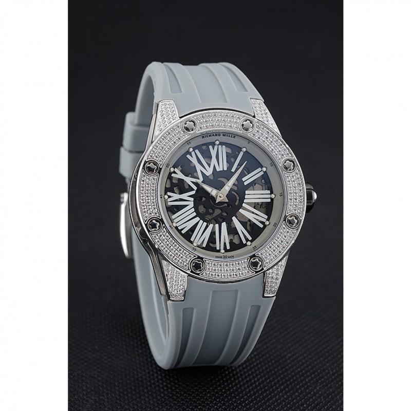 Luxury Replica Watches Richard Mille RM 033 Extra Flat Automatic Diamond Case Grey Rubber Bracelet 1454194-1