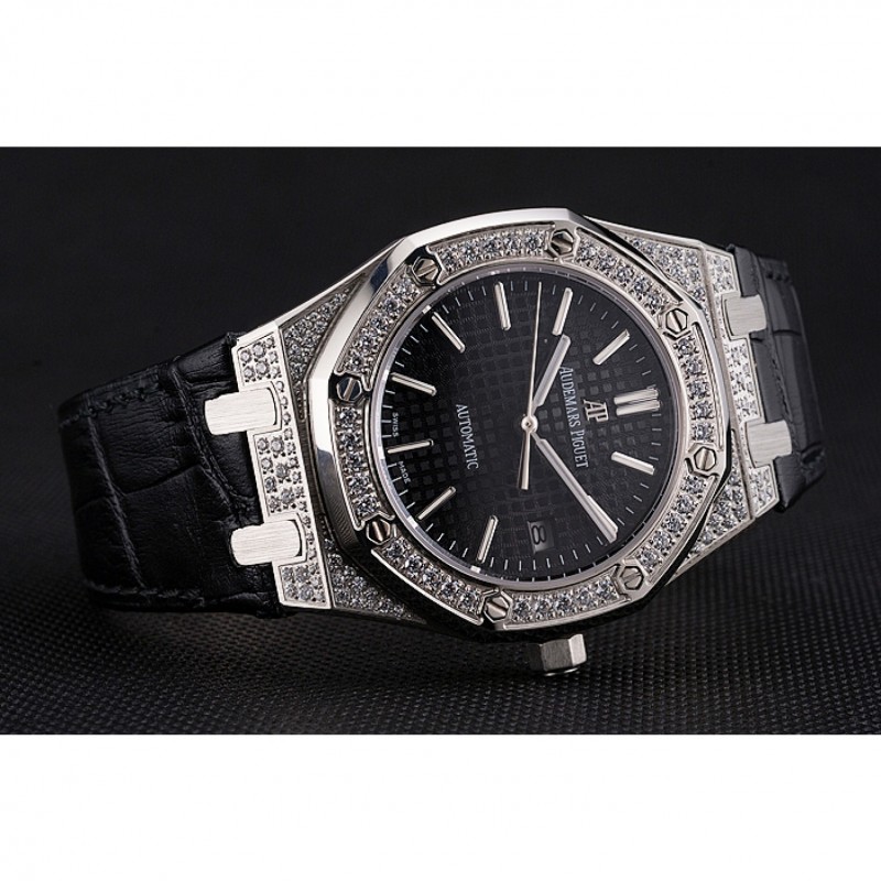 Swiss Audemars Piguet Royal Oak Black Dial Steel Case With Diamonds Black Leather Strap-4