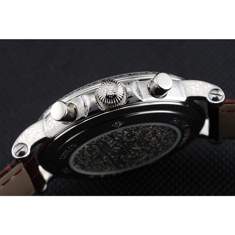 Patek Philippe Grand Complications White Dial Engraved Silver Case Brown Leather Bracelet 1454143-6