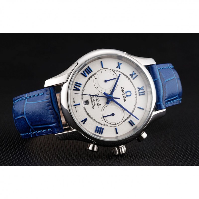 AAA Omega DeVille Silver Bezel with White Dial and Blue Leather Strap 621568-3