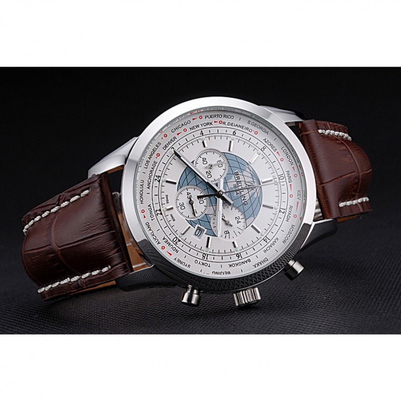 Breitling Transocean Chronograph Unitime White Dial Stainless Steel Case Brown Leather Bracelet 622244-3