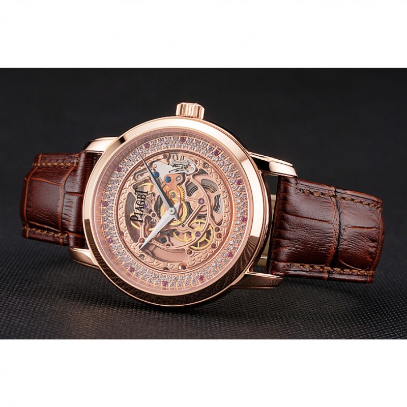Swiss Piaget Altiplano Rose Gold Skeleton Dial With Diamonds Rose Gold Case Brown Leather Strap-4