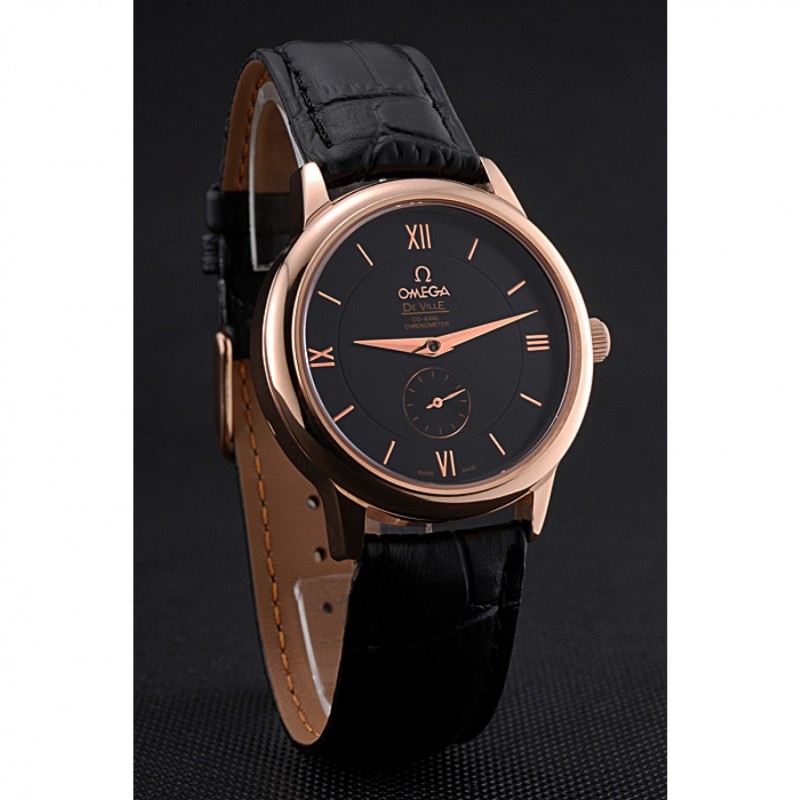 Omega DeVille Prestige Small Seconds Black Dial Gold Case Black Leather Bracelet 622602-2