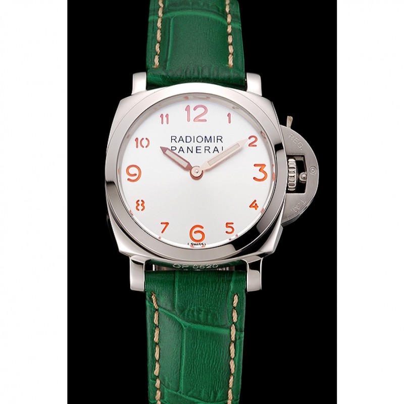 Panerai Radiomir White Dial Stainless Steel Case Green Leather Strap 1453804-1