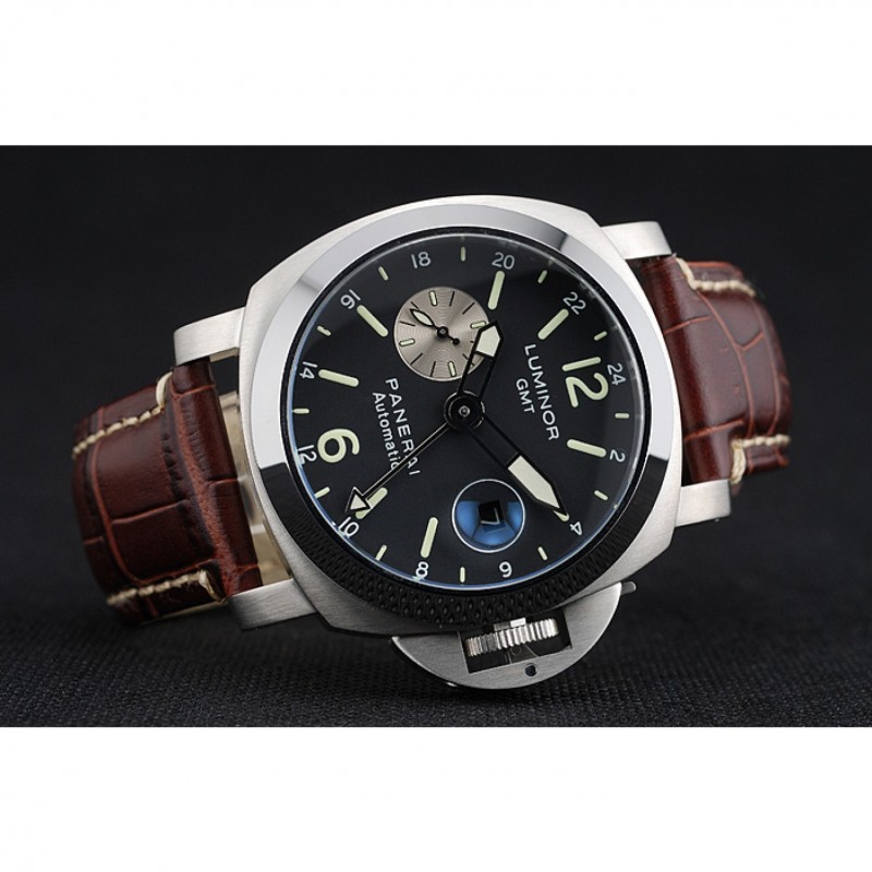 Panerai Luminor GMT Black Dial Brown Leather Bracelet-3