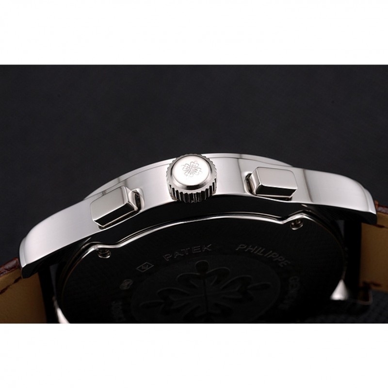Patek Philippe Chronograph White Dial Stainless Steel Case Brown Leather Strap-8