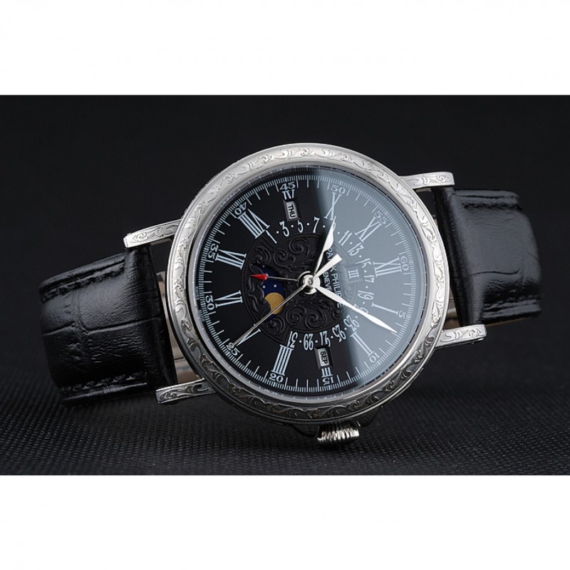 Patek Philippe Perpetual Calendar Retrograde Date Black Dial Engraved Silver Case Black Leather Bracelet 1454146-4