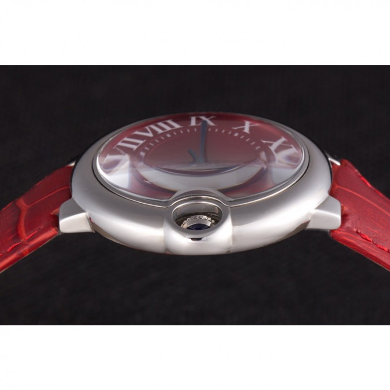 Luxury Replica Watches Cartier Ballon Bleu Silver Bezel with Red Dial and Red Leather Band 621556-5