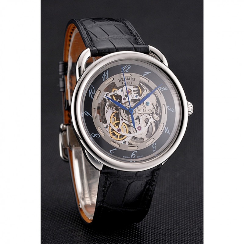 Swiss Hermes Arceau Skeleton Black Dial Blue Hands Stainless Steel Case Black Leather Strap-2