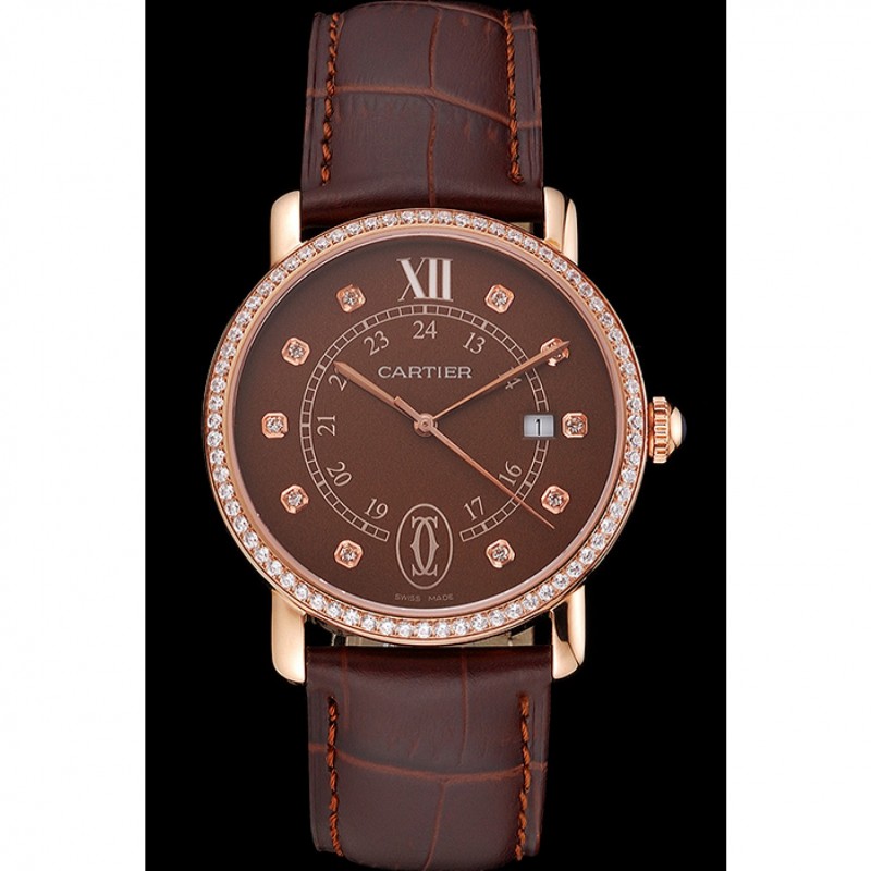 AAA Replica Watches Cartier Ronde Solo Brown Dial Diamond Hour Marks And Bezel Rose Gold Case Brown Leather Strap-1