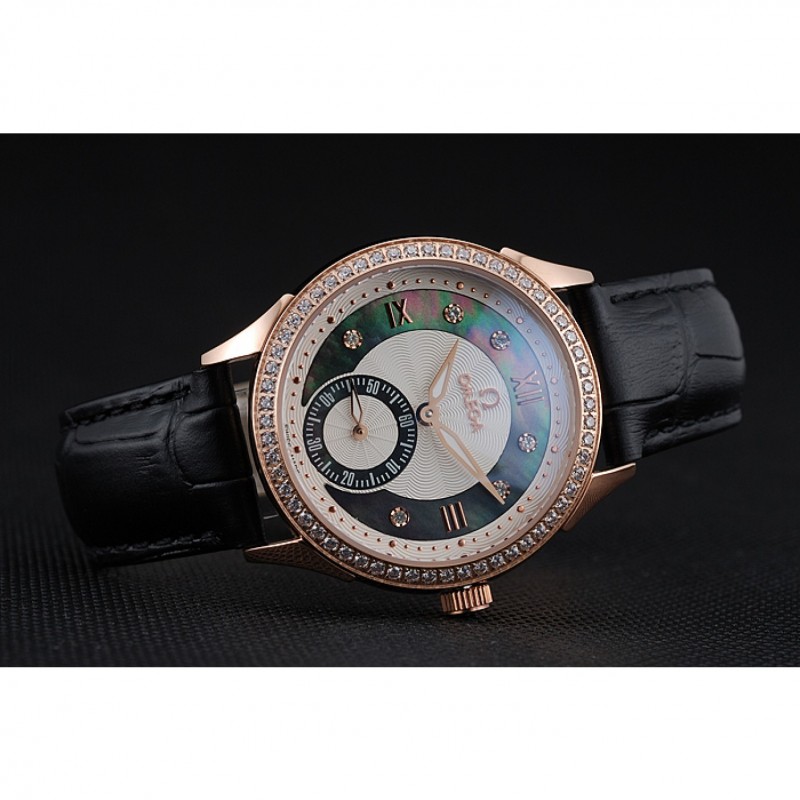 Omega DeVille Prestige Black Dial Gold Diamond Case Black Leather Bracelet 1454123-4