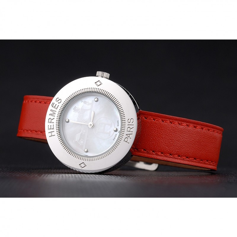 Hermes Classic MOP Dial Red Leather Strap-4