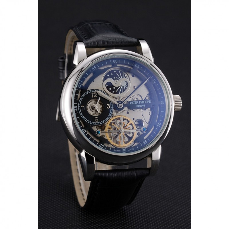 Patek Philippe Dual Time Moonphase Tourbillon Black Skeletonised Dial Stainless Steel Case Black Leather Strap-2